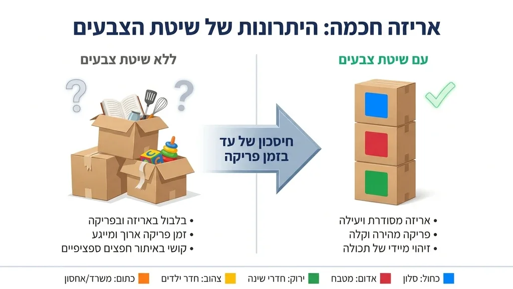 נוצר על ידי מודל בינה מלאכותית Gemini Pro קרטונים ארוזים המסומנים במדבקות צבעוניות