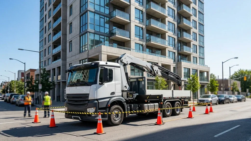 נוצר על ידי מודל בינה מלאכותית Gemini Pro הצבת משאית הרמה ברחוב עירוני מול בניין מגורים