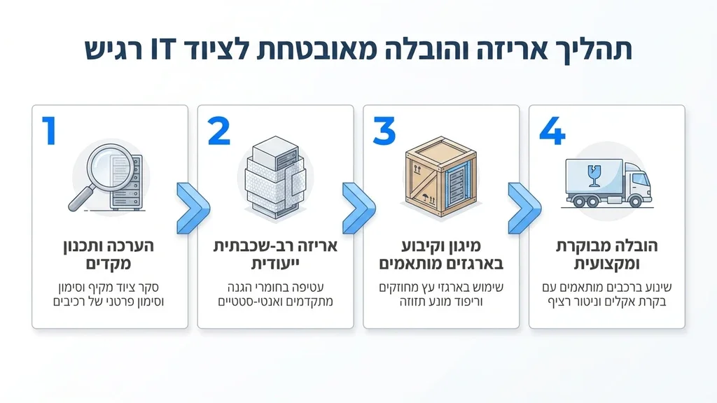 נוצר על ידי מודל בינה מלאכותית Gemini Pro אריזה בטוחה של ציוד מחשוב ושרתים למשרד