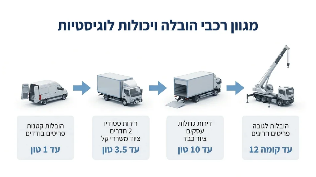 נוצר על ידי מודל בינה מלאכותית Gemini Pro צי משאיות בגדלים שונים המותאמות לסוגי מעברים שונים