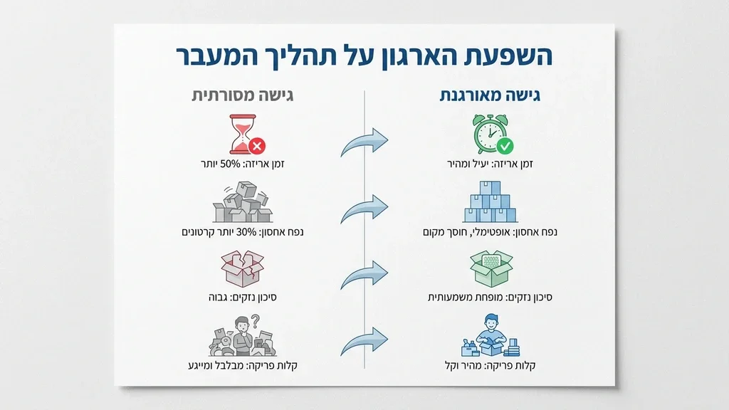 נוצר על ידי מודל בינה מלאכותית Gemini Pro ארון בגדים מסודר ומאורגן לאחר מעבר דירה
